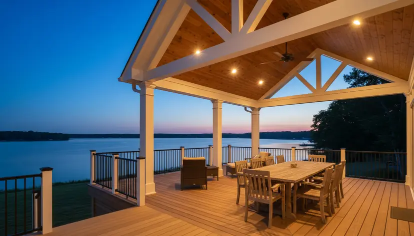 Gable-covered deck at dusk
