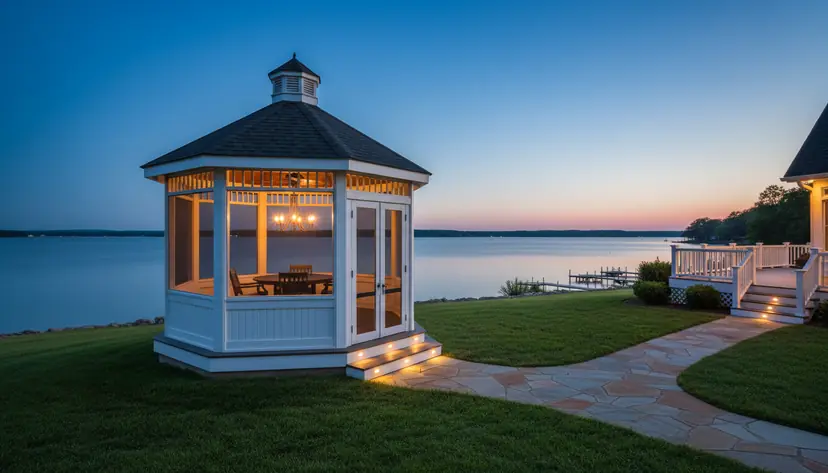Lakeside screened gazebo at dusk