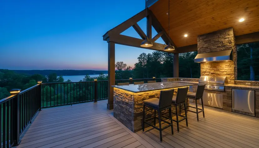Covered kitchen on an upper deck at dusk