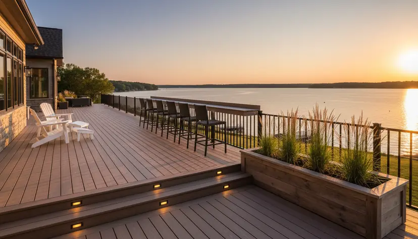 Lakefront deck with drink rail at dusk