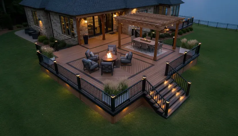 Picture-frame deck with inlay at dusk