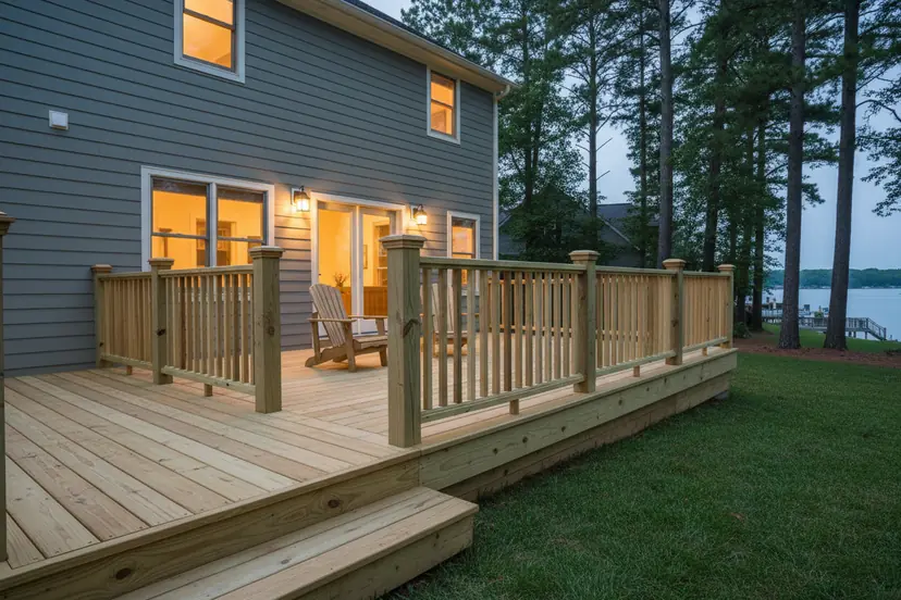 New pressure-treated pine deck with a wood railing and wide steps to the lawn at dusk