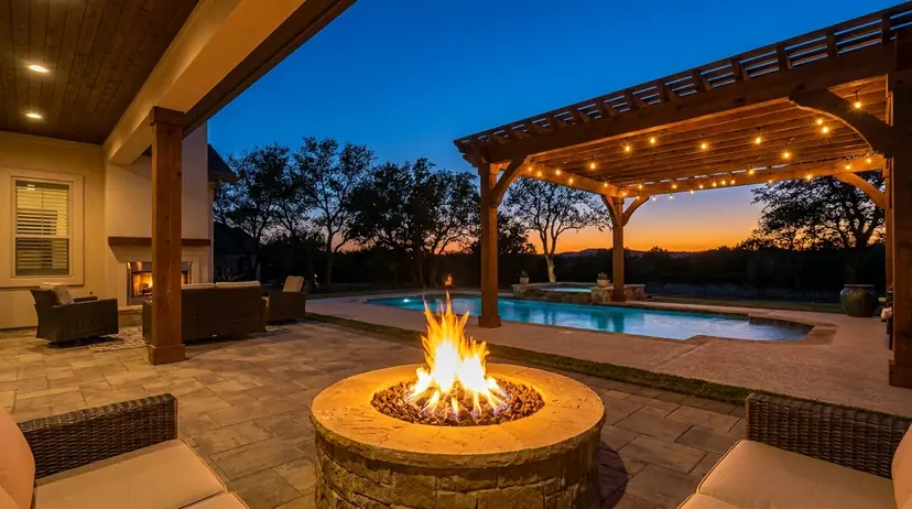 Cedar cabana with string lights, a fire pit and a pool at twilight