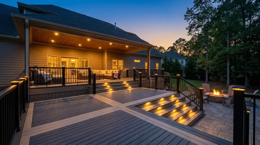 Two-level composite deck with lit stair risers and a black rail at twilight