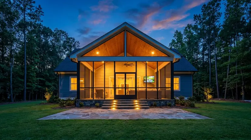 Glowing gabled porch converted to a screened room, seen from the lawn at dusk