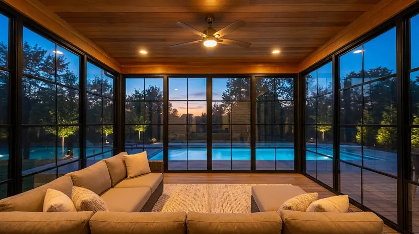 Sunroom interior with a cedar ceiling, glass walls and a sectional sofa at twilight