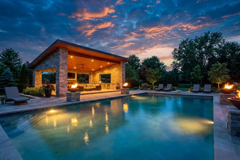Pool with a stone cabana, lounge chairs and fire pits under a twilight sky