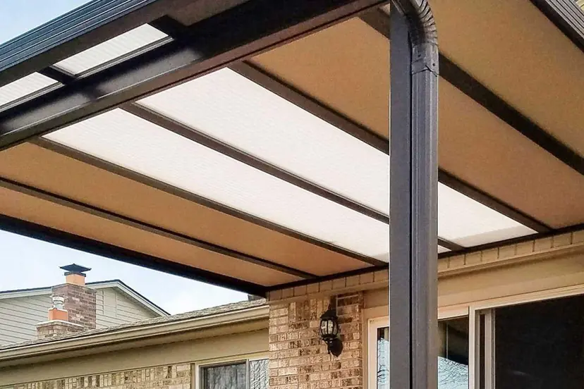 Sunspace hybrid patio cover with solid and clear acrylic panels