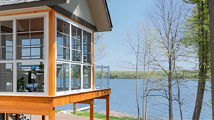 Sunspace sunroom with a cedar frame and glass walls above a lake