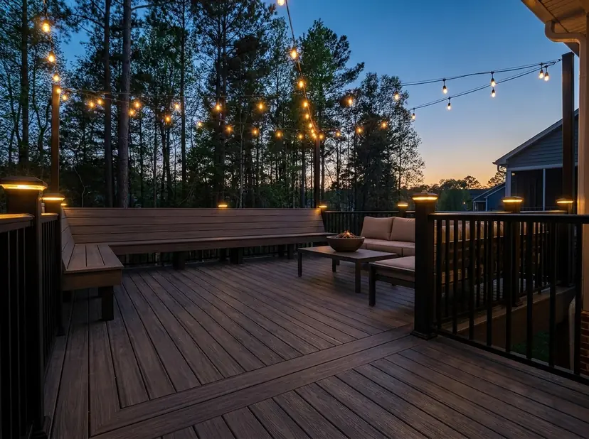 Dark composite deck with a black rail and string lights at twilight