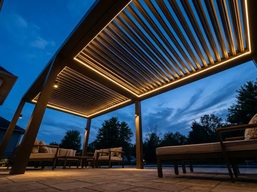 Black louvered pergola with lit blades over a lounge set at dusk