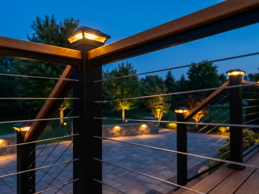Black cable railing with a wide cap and lit post caps at dusk