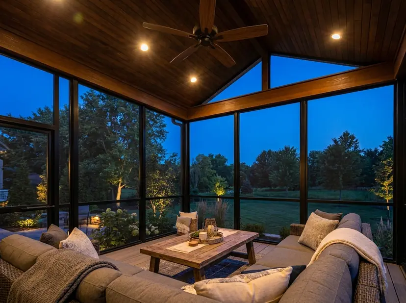 Screened porch interior with a cedar ceiling, fan and sectional sofa at night