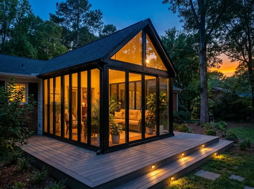 Glass-walled sunroom glowing from inside on a deck at dusk